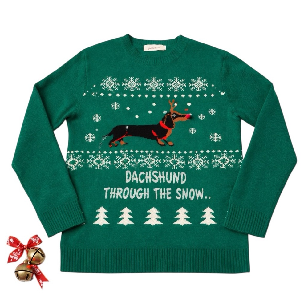 Shineflow Dachshund Through The Snow Ugly Christmas Sweater Green Med Pullover